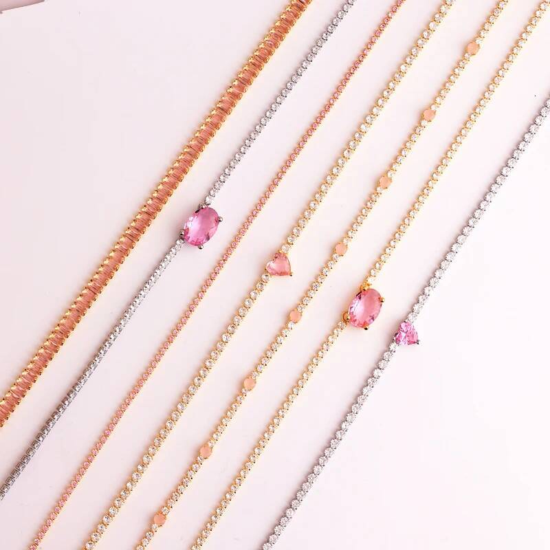 Pink Freen Heart Pendent Gold Plated CZ Tennis 3A Zircon Paved Crystal Chain Choker Necklace For Women Jewelry Gift