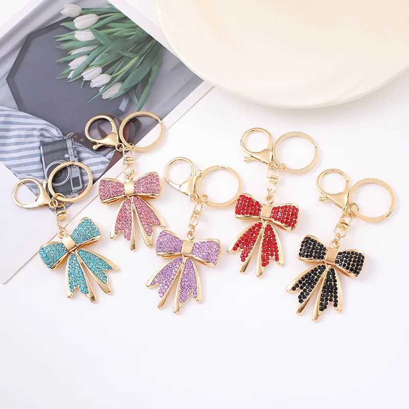 Metal Bow Keychain Gold Plated Rhinestone Keyring Bag Charm Jewelry for Women W250604
