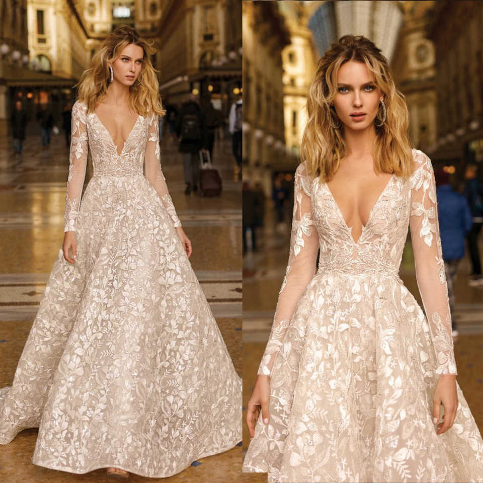 Luxurious A Line Lace Wedding Dresses Deep V Neck Long Sleeve Bridal Gowns Elegant For Bride Beach Customized