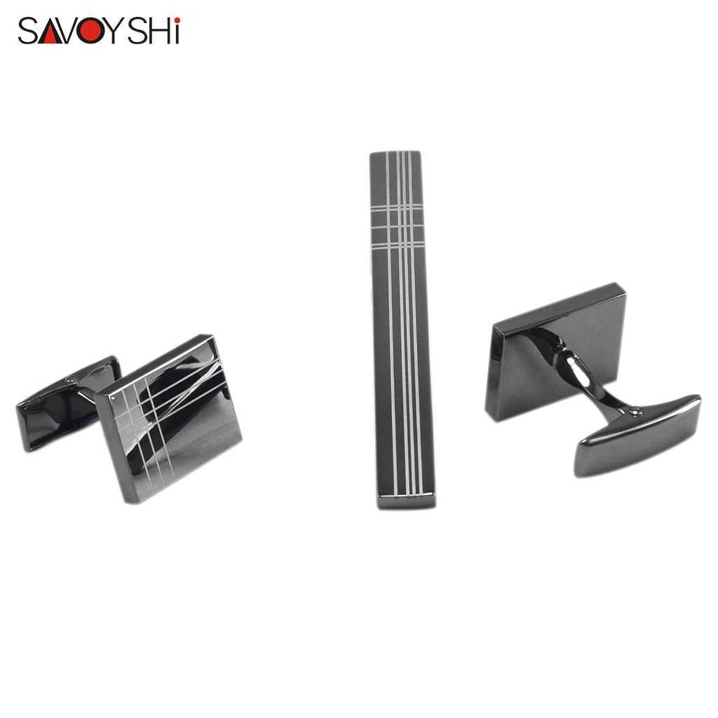 SAVOYSHI Classic Square Black Laser Stripe Business Mens Cufflinks Tie Clips Set High Quality Necktie Pin Tie Bars Clip Clasp W250604