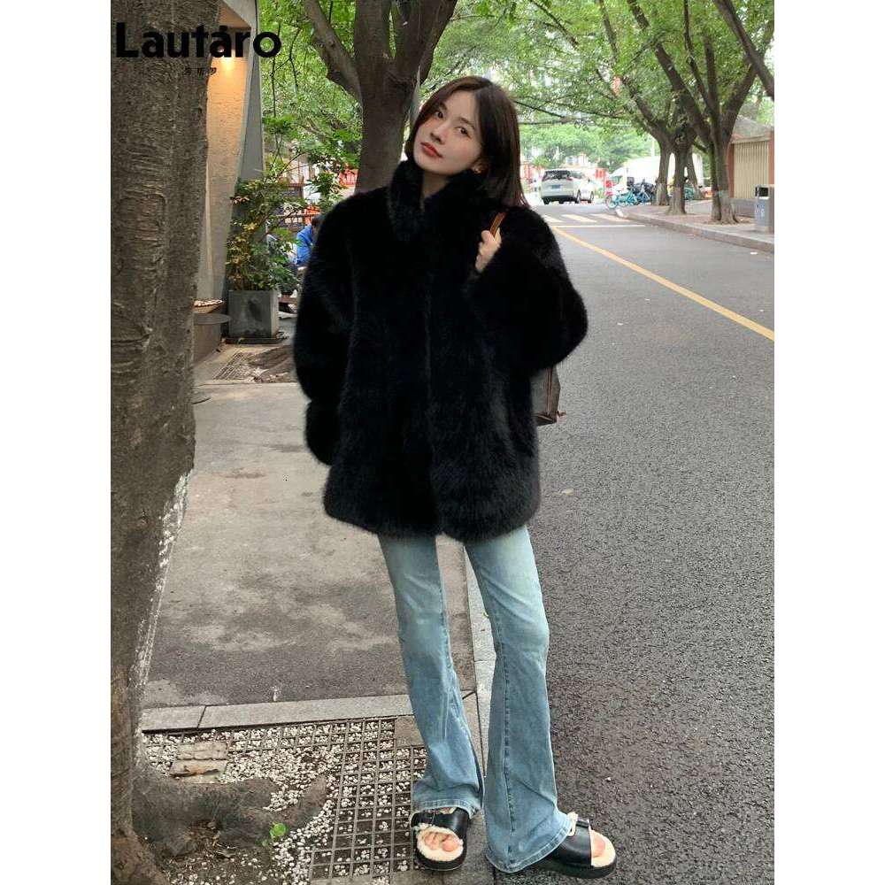 Lautaro Autumn Winter Black Soft Thick Warm Hairy Shaggy Faux Fox Fur Coat Women Stand Collar Loose Casual Fluffy Jacket