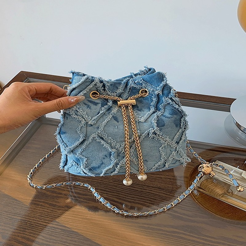 Vintage Denim Bucket Bag Retro Style Light Blue Ripped Edge n Gold Chain Pearl Embellishment Adjustable Fringe Shoulder Bag 250528