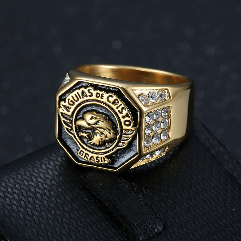 Titanium Steel Championship Brazilian Eagle Motocross Ring Featuring Sparkling Gold Rhinestone Inlay