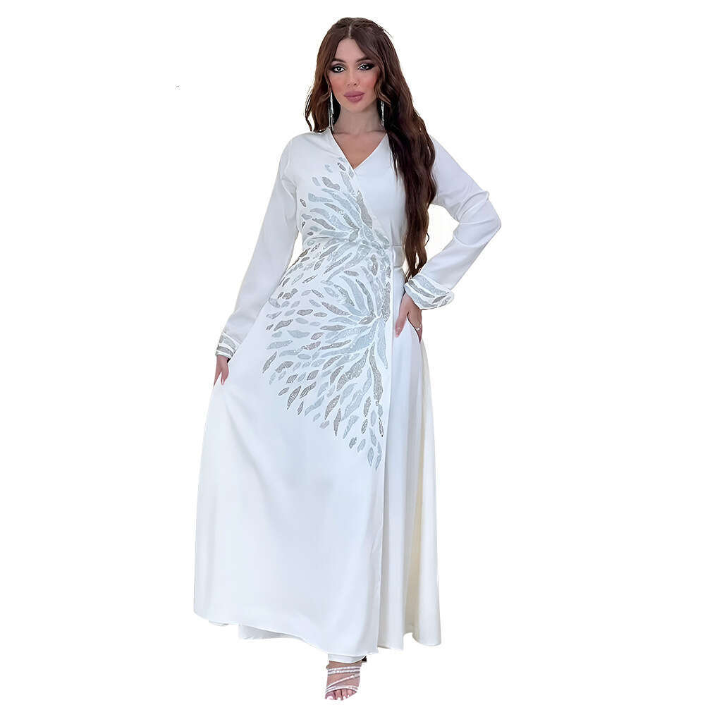 Because0177 Fashion Rhinestone Abaya Satin Evening Dress Dubai Arabic Open Front Robe B5