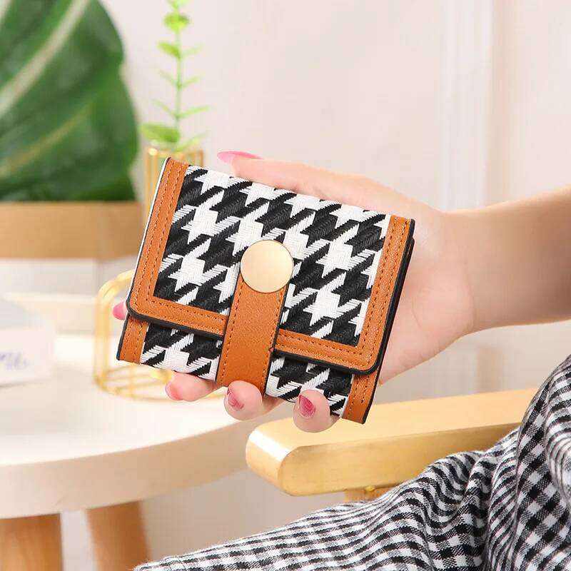 Popular women's purse Europe and the United States retro fashion style canvas thousand bird check short buckle folding han