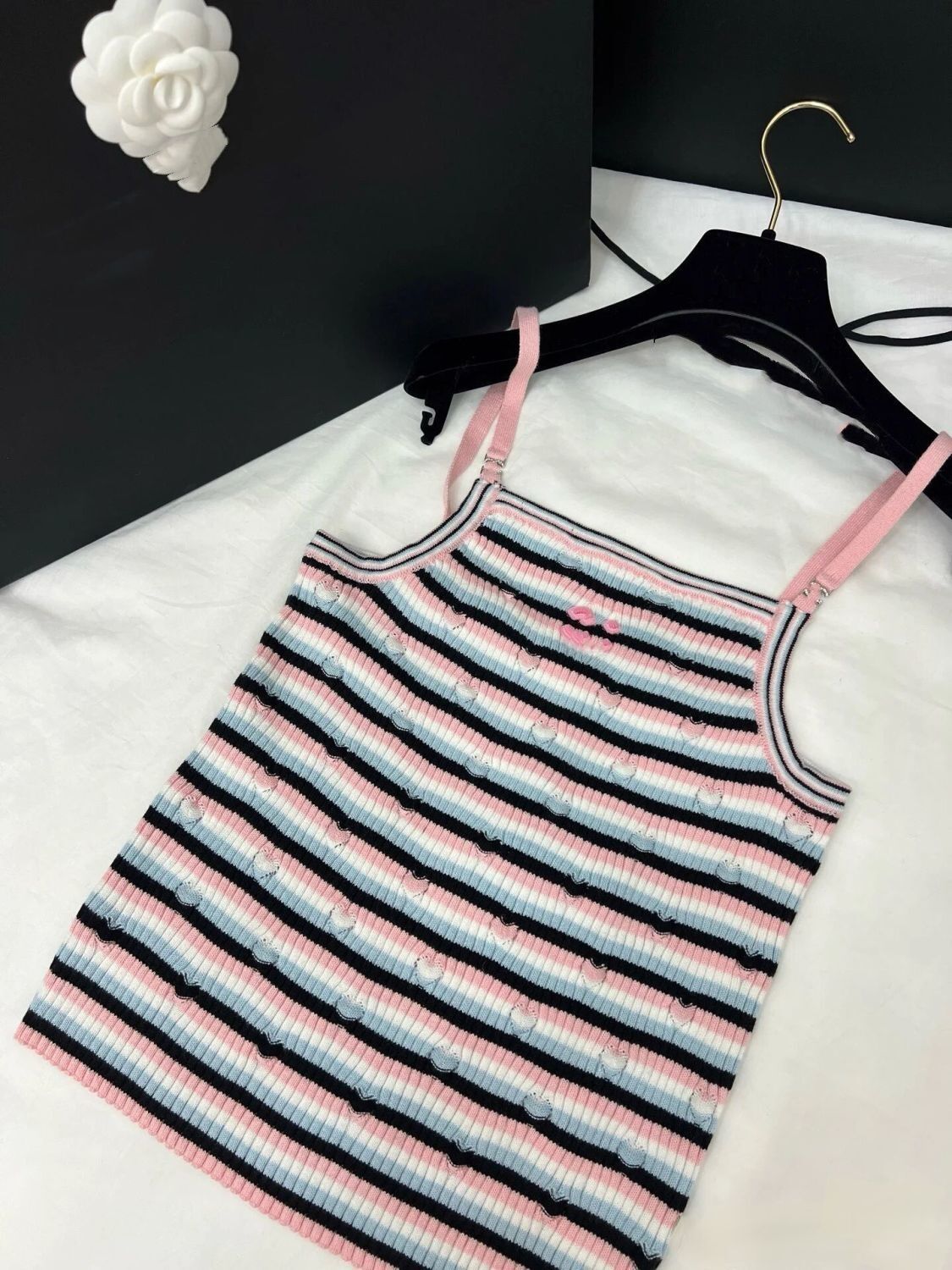 Women summer cute spaghetti strap designer knitted stripe vest logo rhinestone patched tanks camis SMLXL