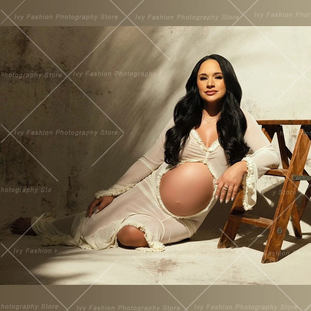 Maternity Dress Gown For Po Shoot Sexy Transparent Ruffle Pregnant Woman Belly Hollowed Out Long Sleeved Baby Shower Dress 250530