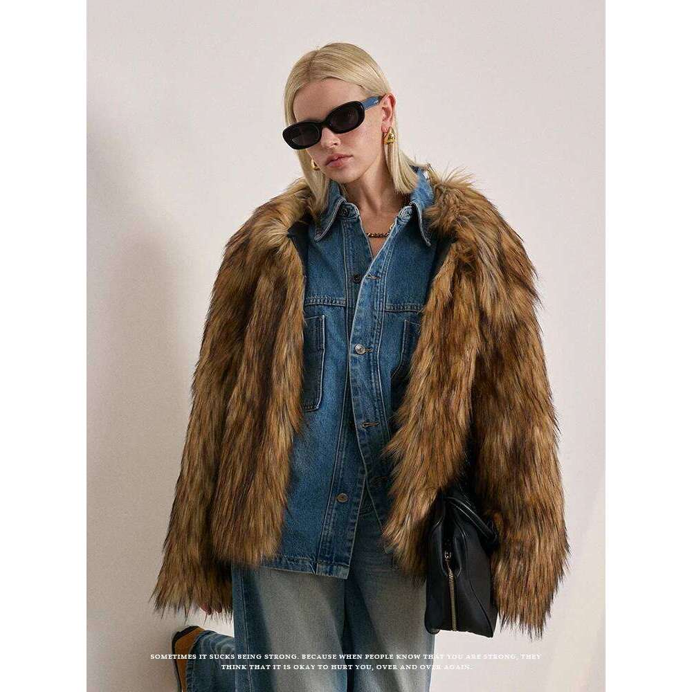 Brown Lapel Fluffy Jacket Winter Warm Women's Retro Loose Environmental Mink Faux Fur Short Plush Coat Overcoat