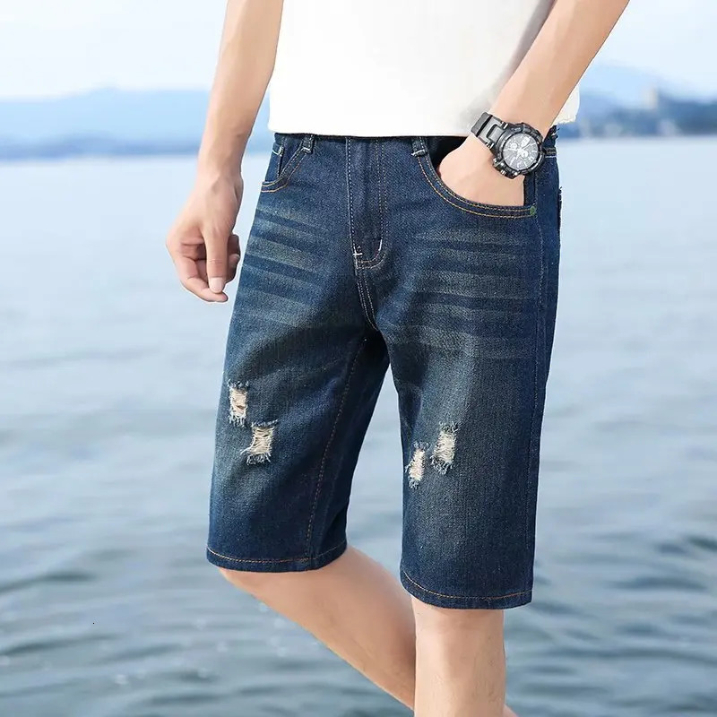 Summer Mens Personalized Washable Perforated Denim Short Pants Male Casual Straight Short Jeans 250604