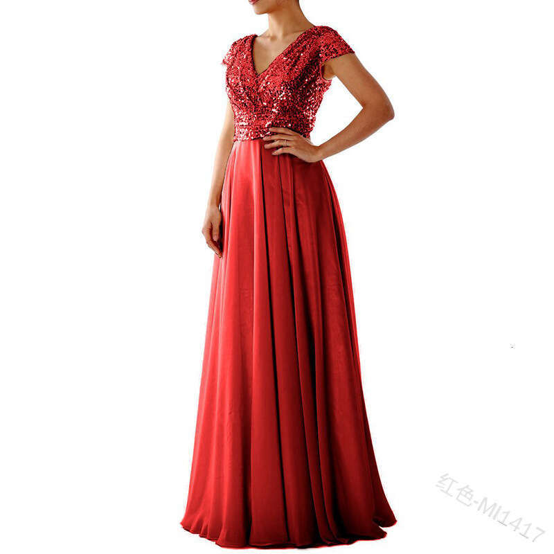 Summer New V-Neck Sequin Chiffon Patchwork Evening Gown Long Dress B5