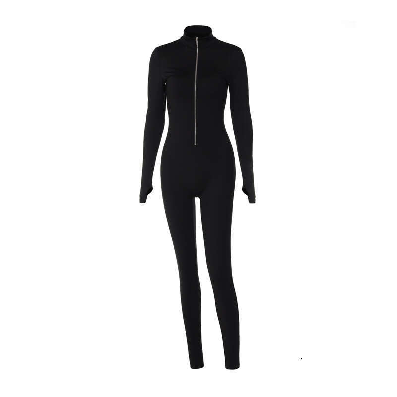 European and American spring solid color long sleeved zipper waist slimming sports yoga jumpsuit women's 2025 new style temperament chic elegant 