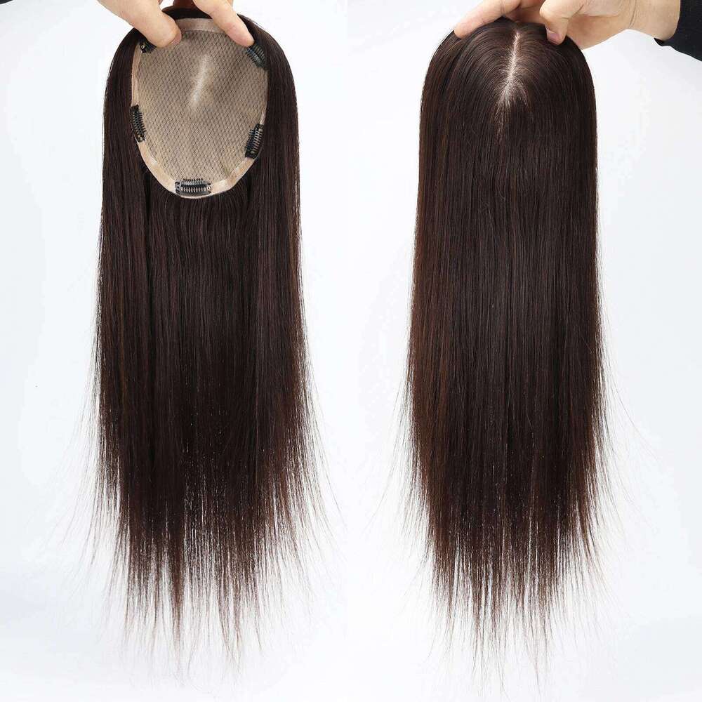 16x18cm Full Hand Made Silk Base with Clips in Virgin European Real Human Topper for Women Dark Brown Hair Toupee