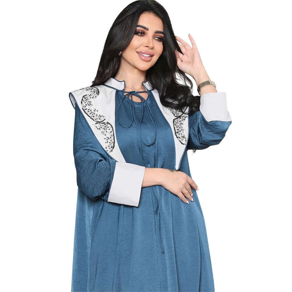 Because0174 Fashion Clothing Rhinestone Tie Color Block Maxi Dress For Women Jalabiya B5