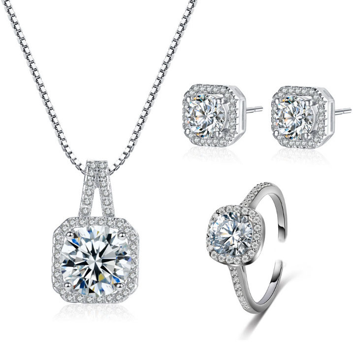 Vecute Luxury Platium Plated Cubic Zirconia Necklace Earrings Open Ring Jewelry Set for Women Diamond Crystal Wedding Jewelry Set with Jewelry Box