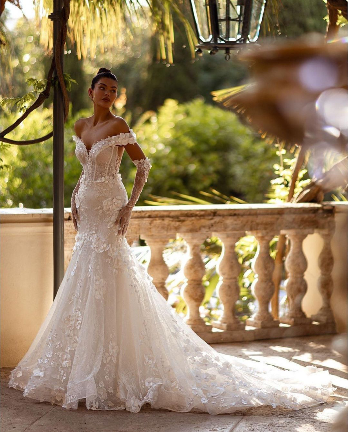 3D Flower Lace Mermaid Wedding Dresses Off Shoulder Sexy Bridal Gowns with Train Elegant Beaded Bride Dresses