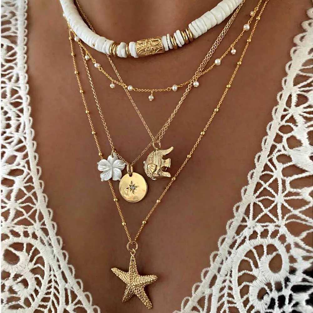 Fashion New Bohemia Soft Clay Shell Star Sun Pendant Chain Layered Necklace for Women Girls Summer Beach Simple Layered Necklace XJ250604