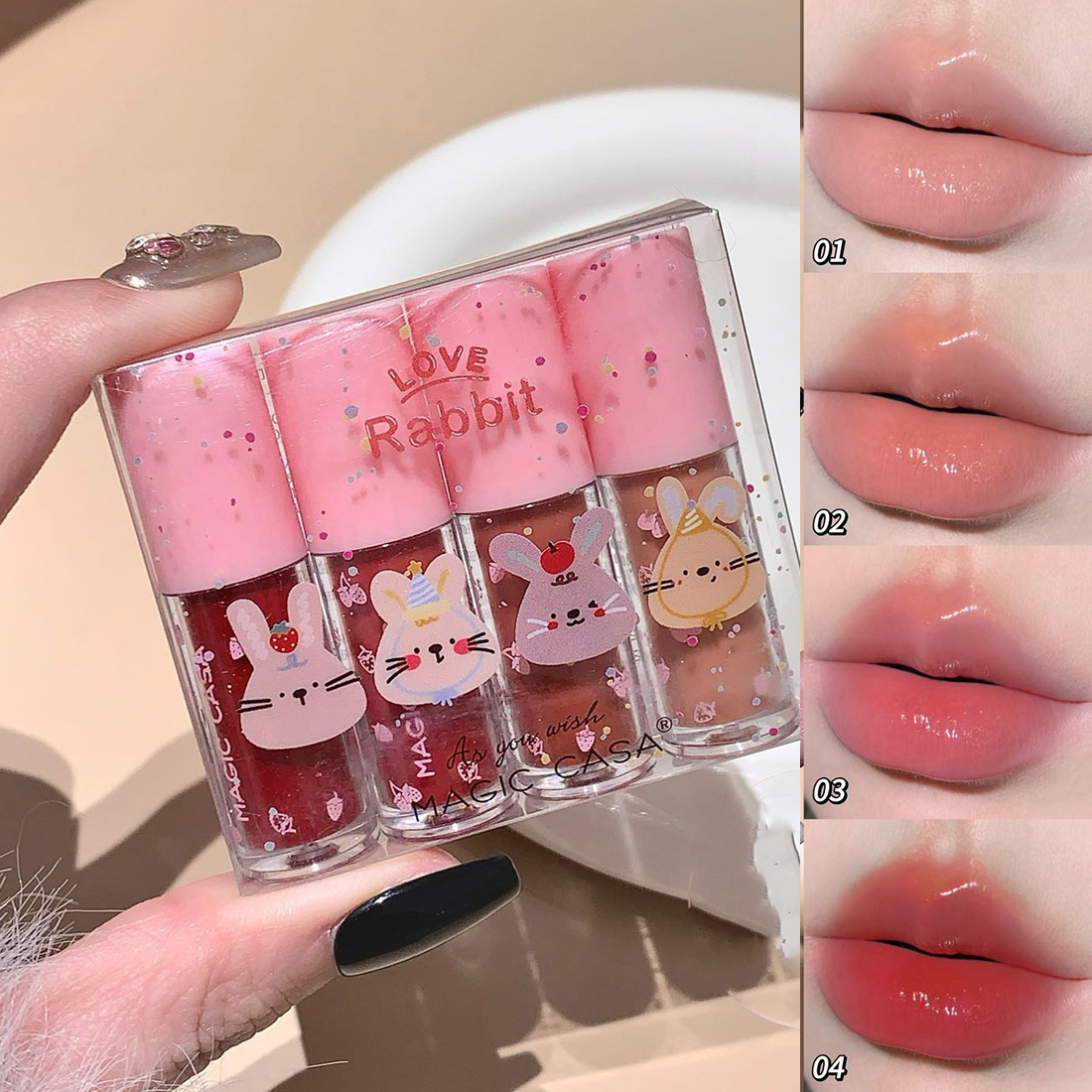 4pcs 1box Mini Rabbit Lip Glaze Set Glossy Moisture Lip Gloss Easy Colour Mirror Lipstick Women's Lip Makeup Set Student Lip Gloss Gift Set DH100