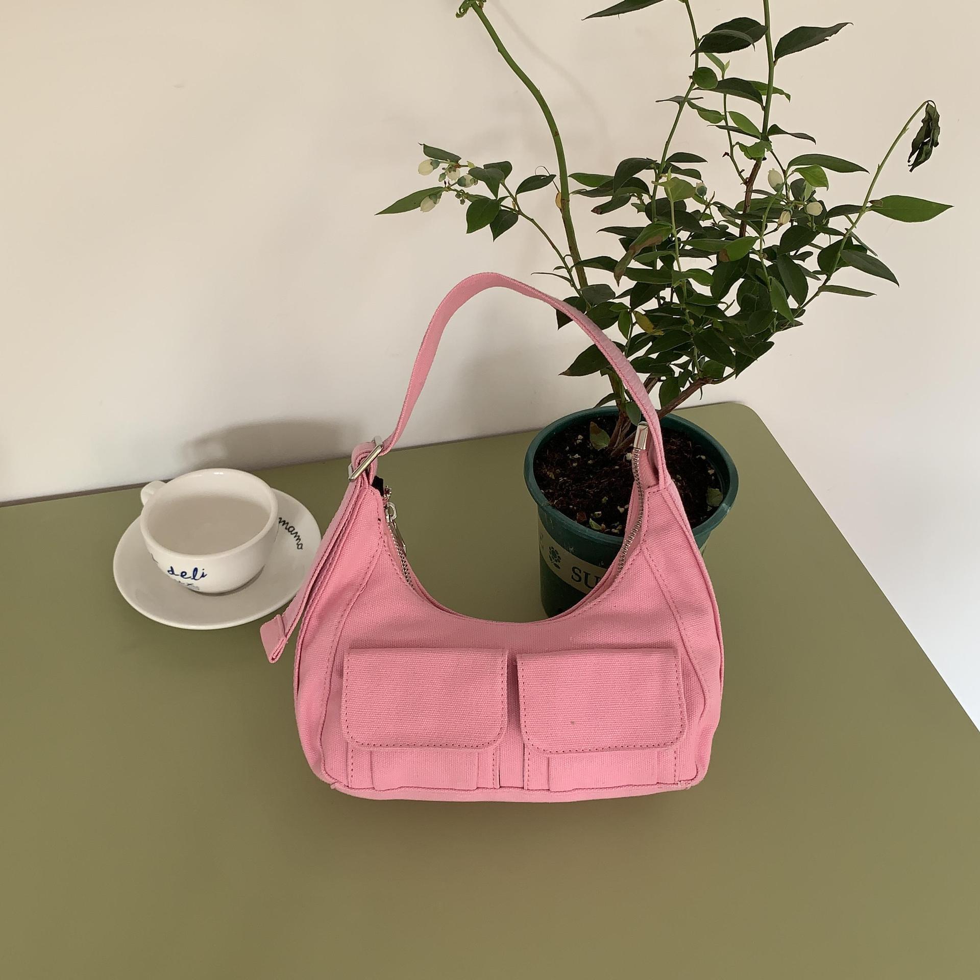 Spring/Summer New Korean Sweet Cool Pocket Canvas Bag Motorcycle Bag Handbag Underarm Women's Shoulder Bag Designer Crossbody Bag