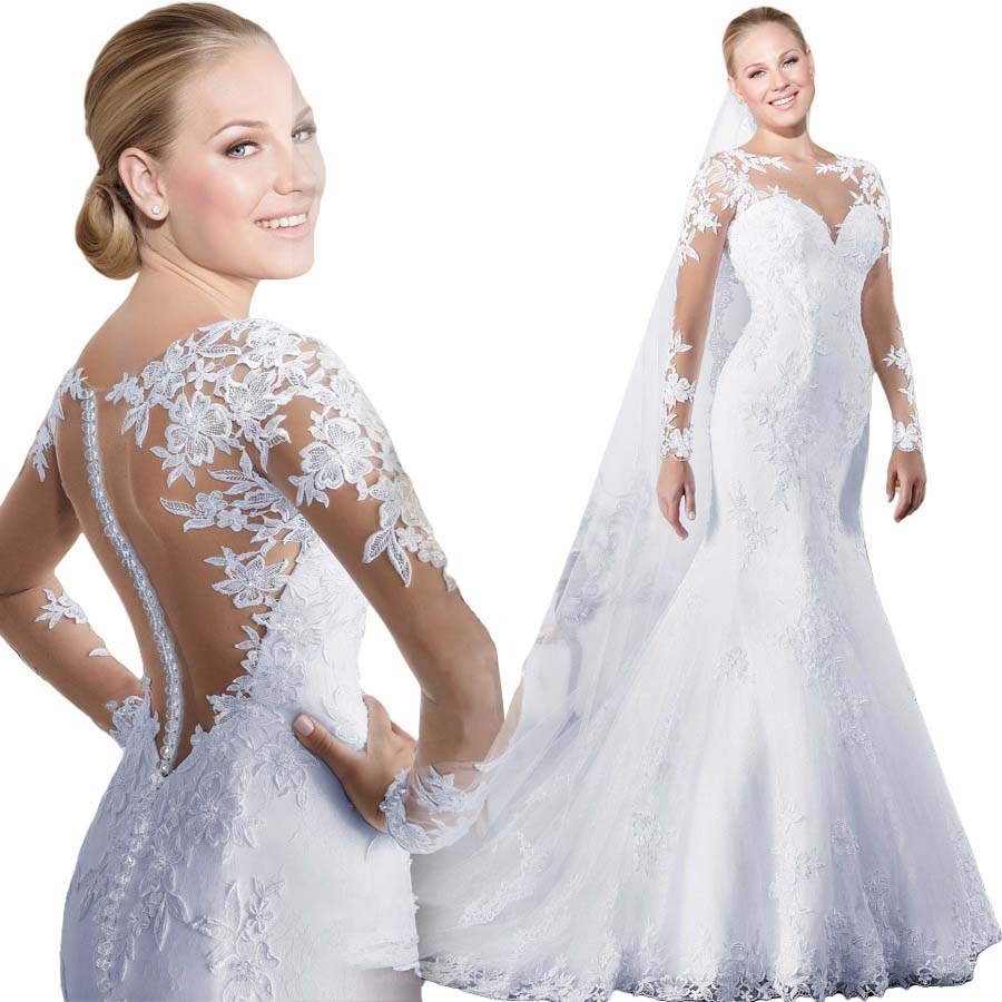 Wedding Dresses Sheer O-neck Long Sleeve Mermaid Wedding Dress See Through Illusion Back White Bridal Gowns with Lace Appliques Mermaid Dresses vestid