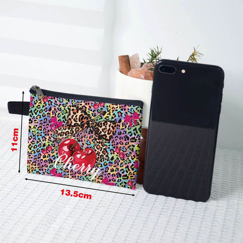 Cherry Leopard Print Purse Portable Key Storage Coin Change Card Holder Ins Small Square Bag