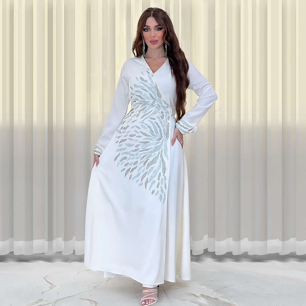 Because0177 Fashion Rhinestone Abaya Satin Evening Dress Dubai Arabic Open Front Robe B5