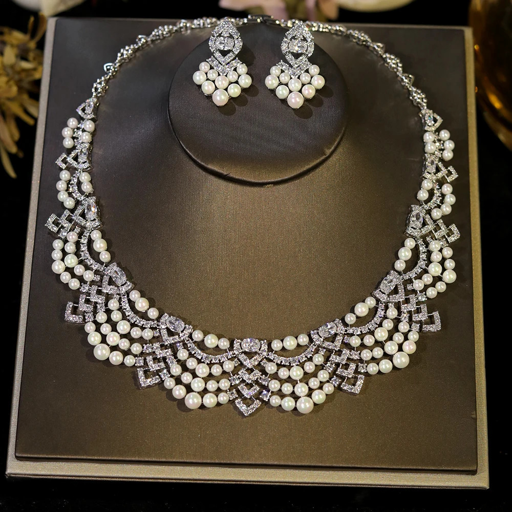 Crystal Zircon Circular Shape golden Pearl Necklace Women Dubai Bridal Wedding Birthday Party Indian Jewelry Set Gift 250530