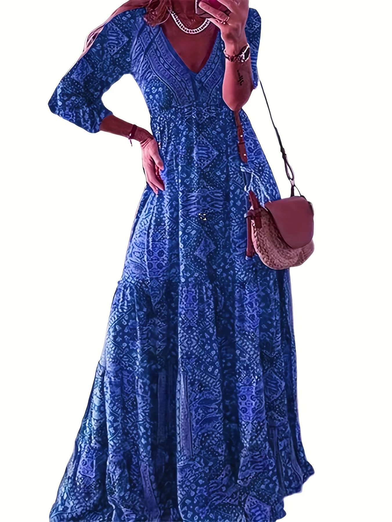 plussize European and American crossborder bohemian cropped sleeve highwaisted Vneck printed dress 250604