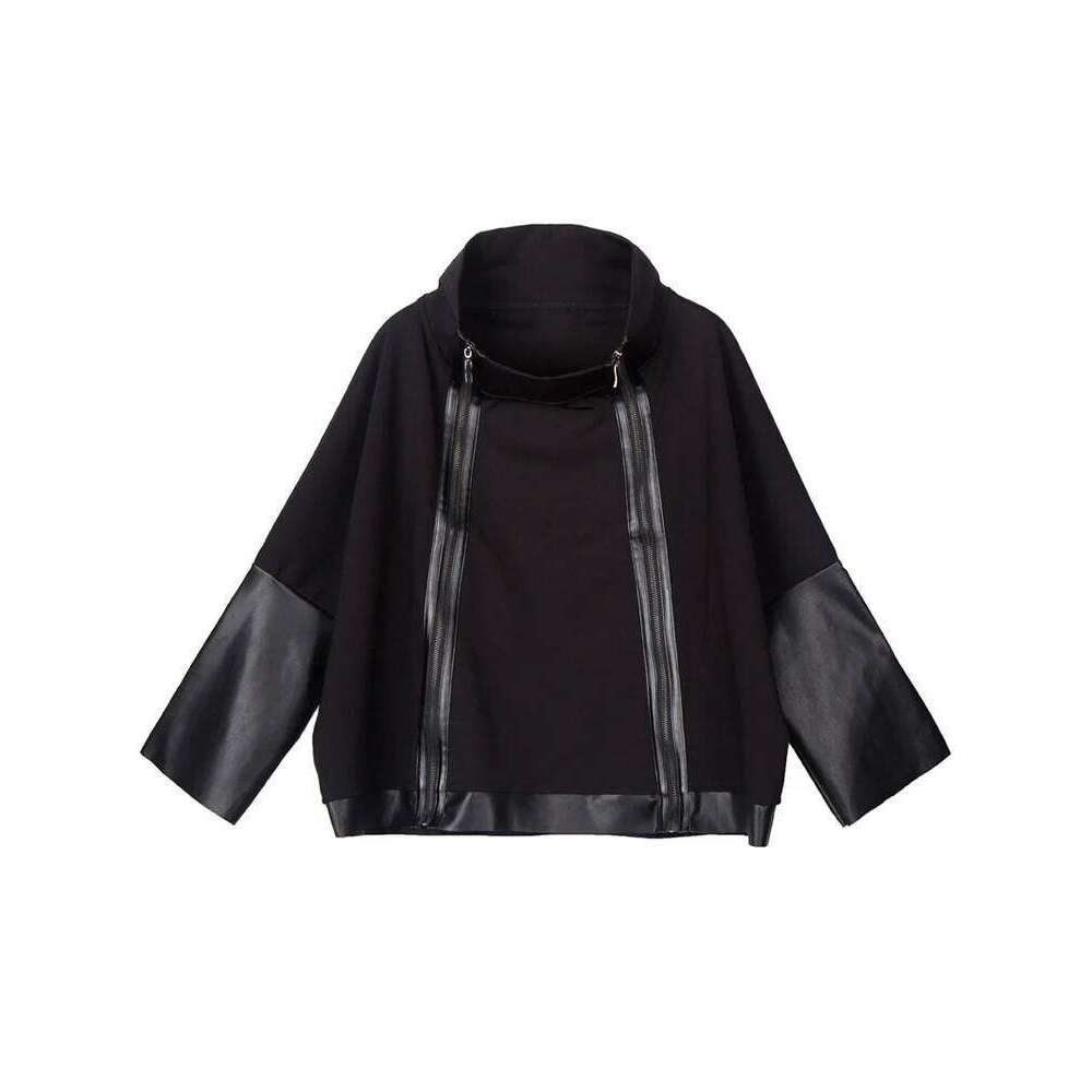 AmaxluluE Autumn 2025 Fashion Korean Ladies Punk Streetwear Womens Black Leather Patchwork Jacket Zipper Vintage Turtleneck Coat