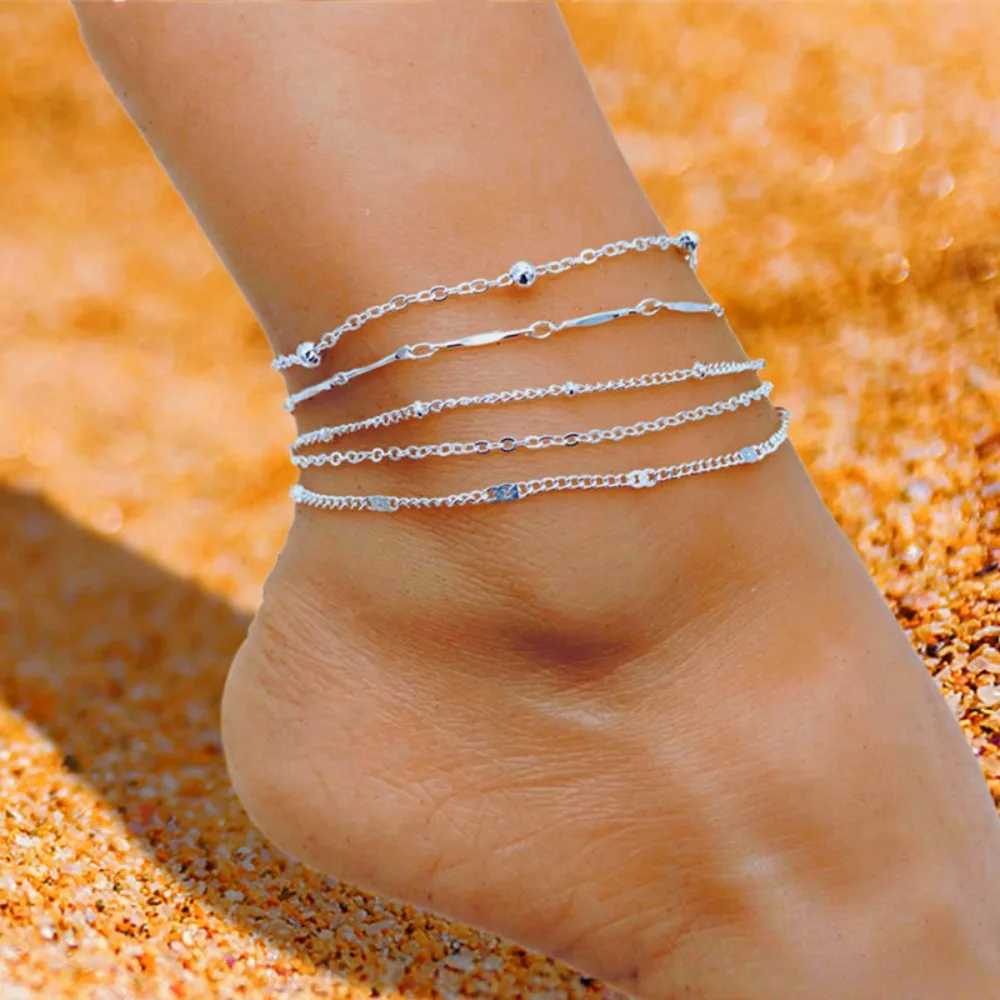 Layers Leaves and Beaded Cuban Chains. A Set of Summer Beach Anklets for Women Girls Shiny Anklets with Jewelry W250604