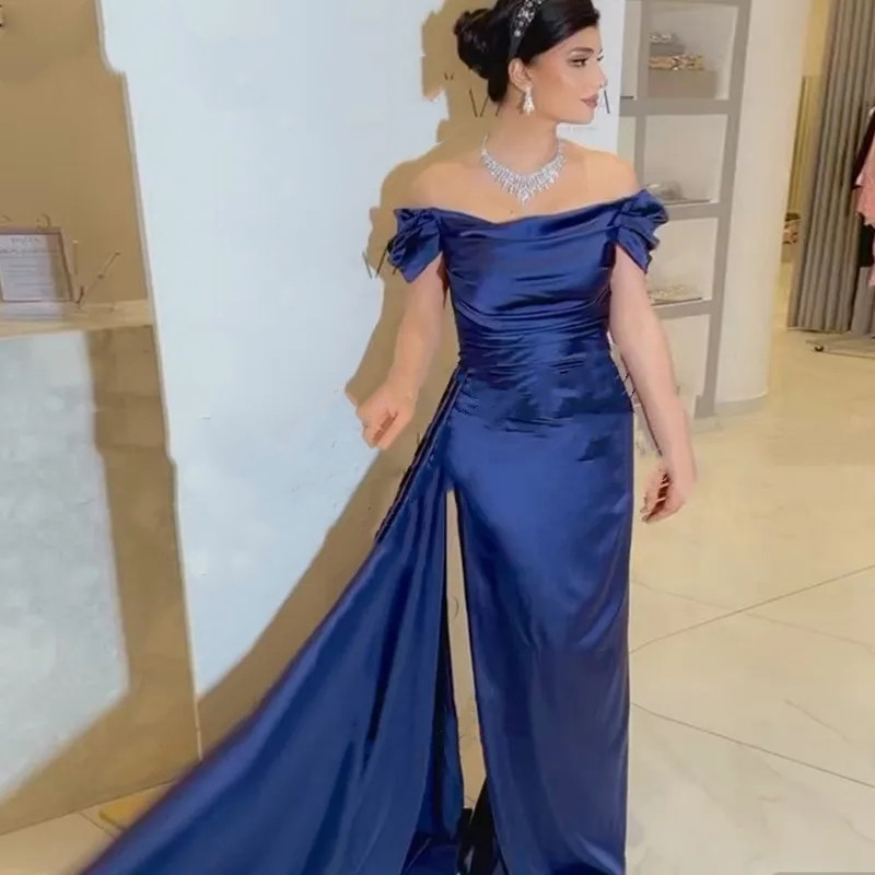 Tianmei Elegant Navy Blue Evening Dress Boat Neck Short Sleeve Prom Dress With Train Satin Prom Gowns For Women Off Shoulder