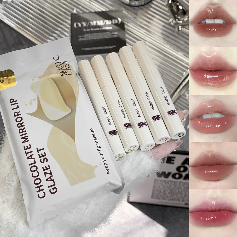 5-piece White Chocolate Mirror Lip Gloss, non-stick, creamy lip gloss set for all skin types, for everyday use DH1006