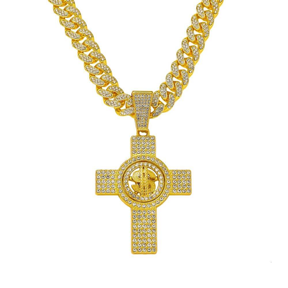 Men Hip Hop Cross Pendant Necklace with 13mm Miami Cuban Chain Rotatable US Dollar Money Sign Pendants Necklaces Fashion Jewelry