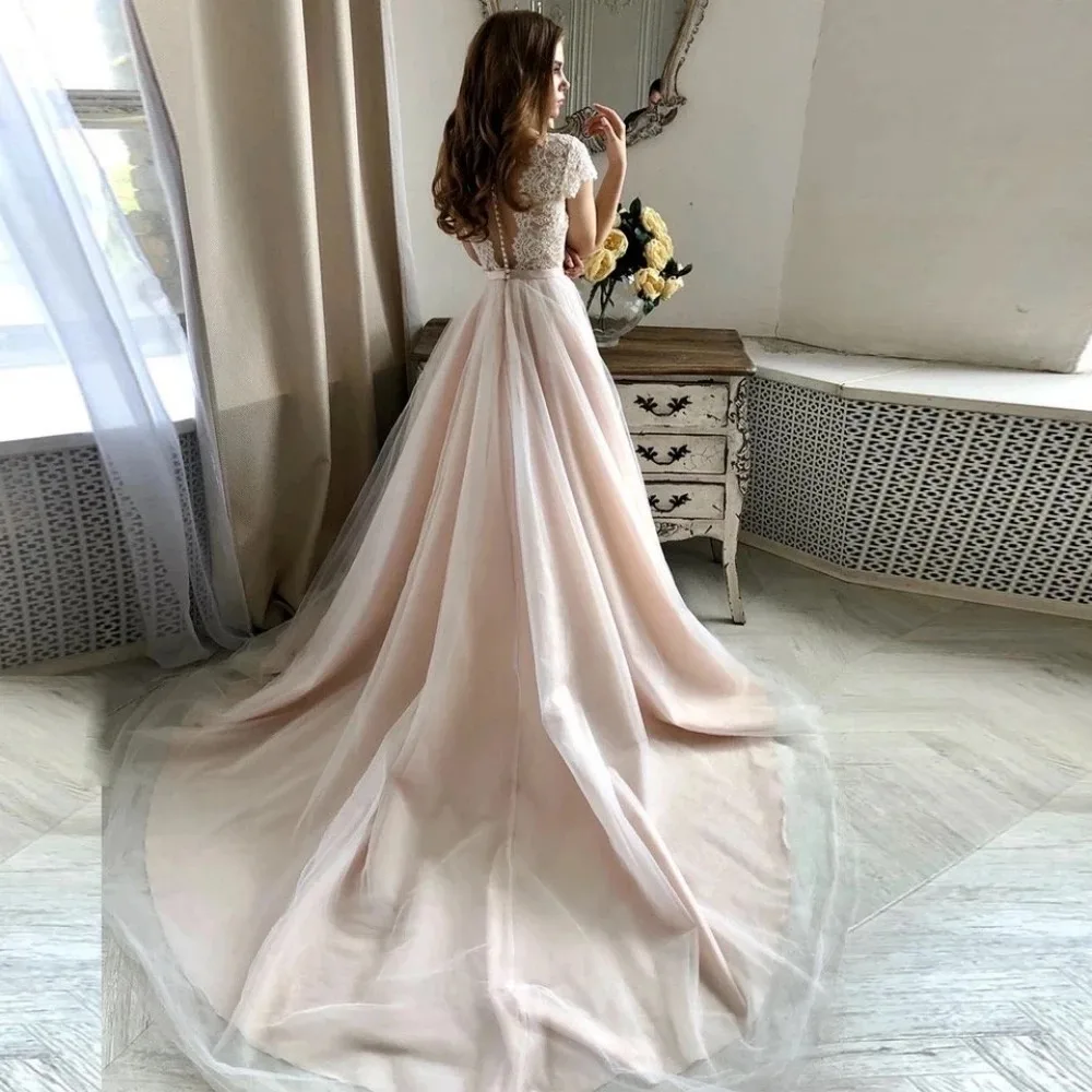 Boho A-Line Wedding Dresses Cap Sleeve Lace Appliques Sheer Backless A-line Tulle Beach Long Bridal Gown Light Pink Liner Custom Made Vestido De Novia