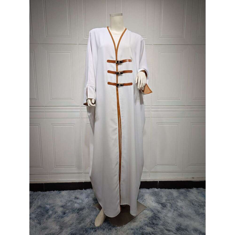 Modest Fashion Cardigan With Leather Buttons Abaya Turkish Color Block Long Robe For Outerwear Arabic B5