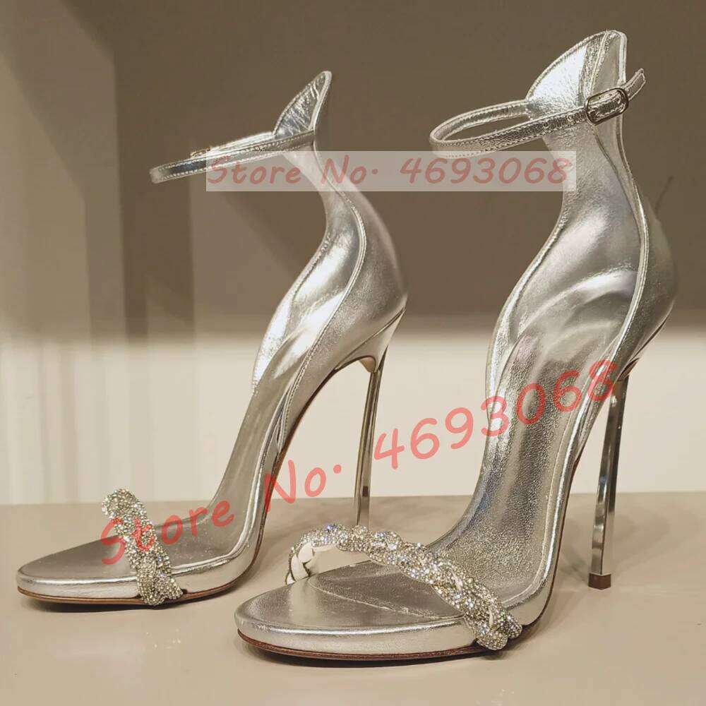 Sier Metallic Leather Crystal Sexy Women Stylish Ankle Strap Sandals Summer Metal Blade Heel Party Shoes