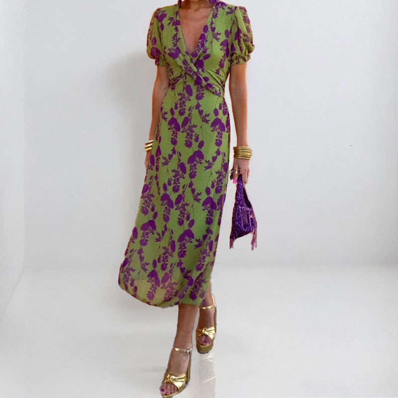 Women's Elegant Printed V-Neck Lantern Sleeve A-Line Dress B5