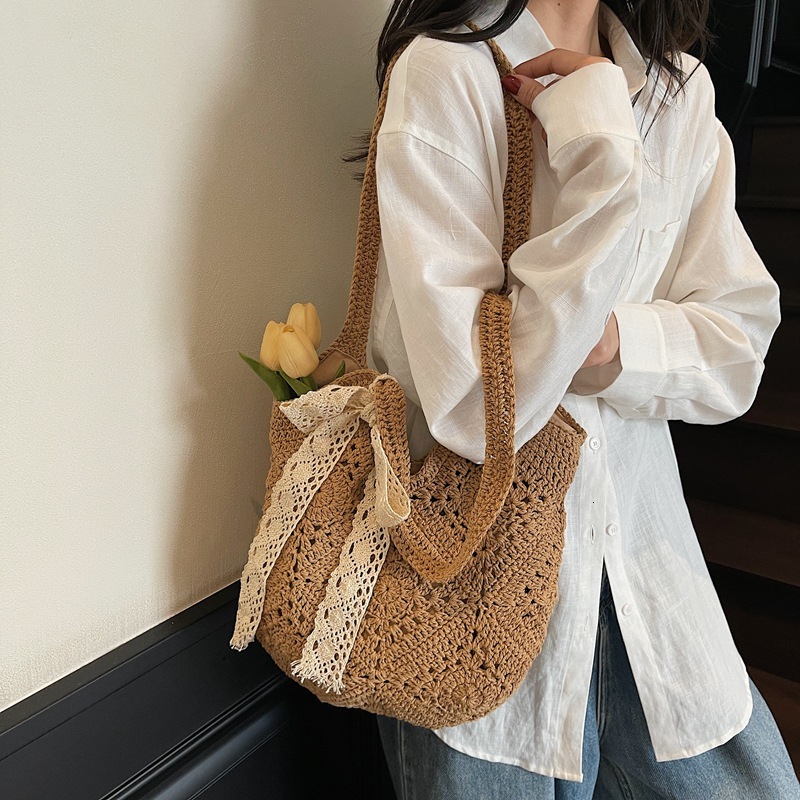 designer Large Capacity Woven Bag for Women 2025 New Summer Beach Vacation Knitted Bag Versatile Commuter Shoulder Tote Bag