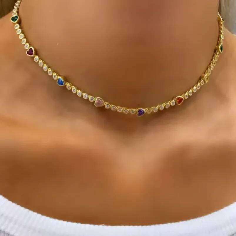 Gold Color Summer Colorful Jewlery Geometric Round Heart Shaped CZ Fashion Women Choker Tennis Necklace