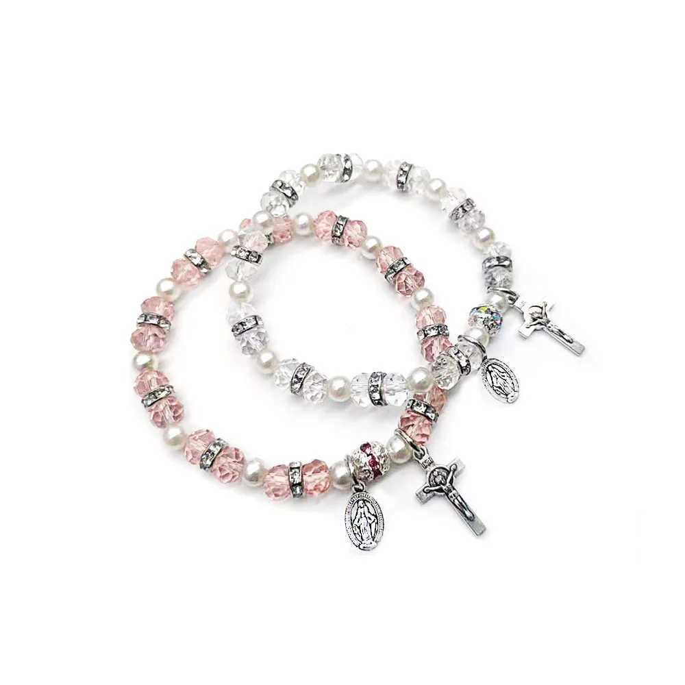 New Arrival 3 Colors Vintage Catholic Jesus Cross Charms Bracelet Crystal Beaded Stretch Bracelets For Women Men Jewelry Religious Gifts V250605