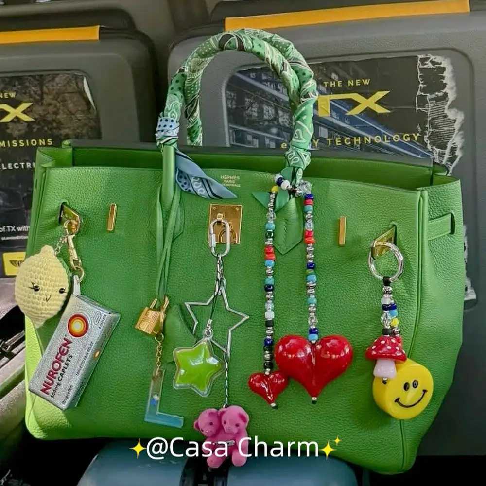 Colorful Beads Hanging Chain Bag Charm Women Y2K Accessories Red Love Heart Bag Charms Chain Pendant Decor Fashion Lady Jewelry W250604