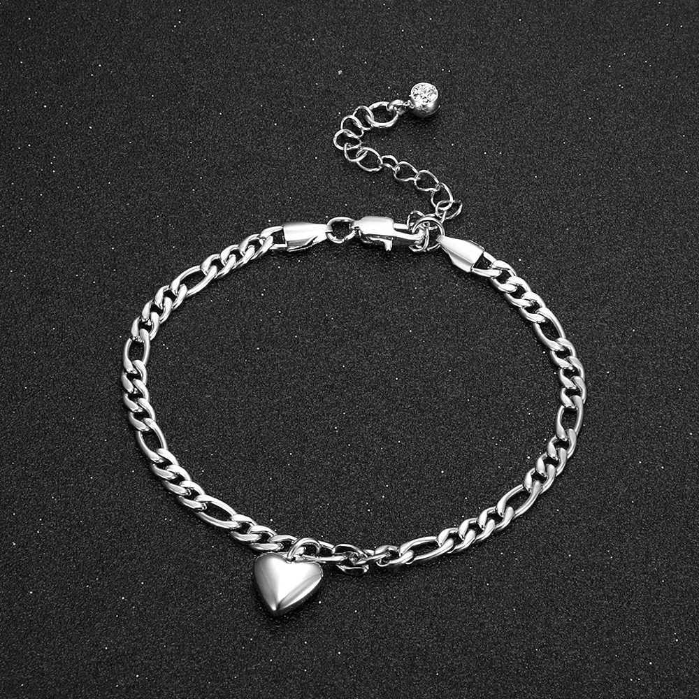 4.5mm Figaro Chain Anklet Silver Color Stainless Steel Heart Charm Leg Foot Ankle Bracelet for Women Summer Beach Jewelry Gift W250604