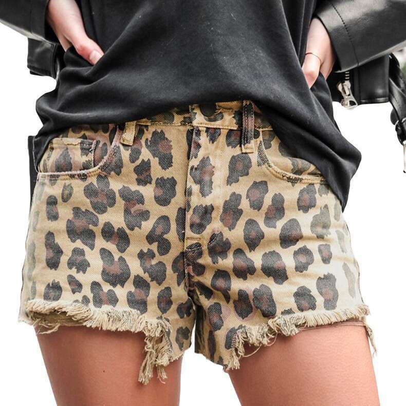Summer New Leopard Print Distressed Frayed High Waist Denim Shorts For Women B5