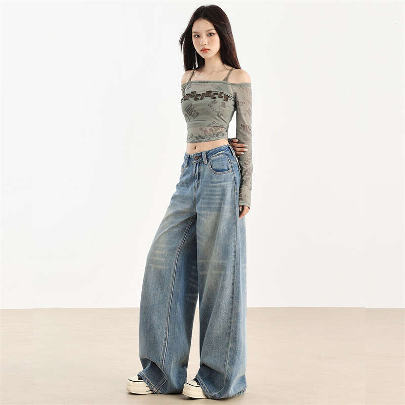 American Style Light Blue Wide-Leg Jeans For Women, Autumn New Design, High Waist, Slimming, Draped, Floor-Length Pants B5