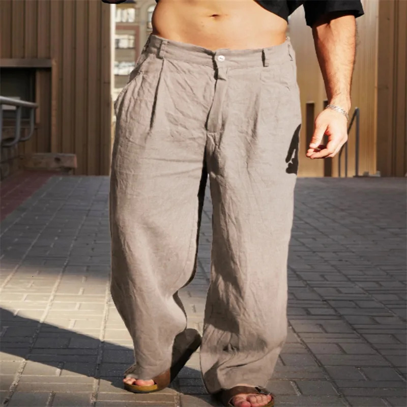 mens linen pleated wide-leg pants for spring and summer with a mid-rise waist breathable jogger pants. streetwear men 250604