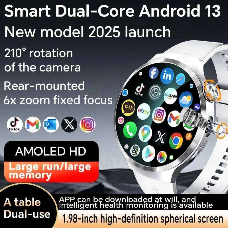 Smartwatch With 1.98 inch Amoled large Screen 210° Rotating Camera GPS Position Health monitoring Android 13.0 Smart Watch Men