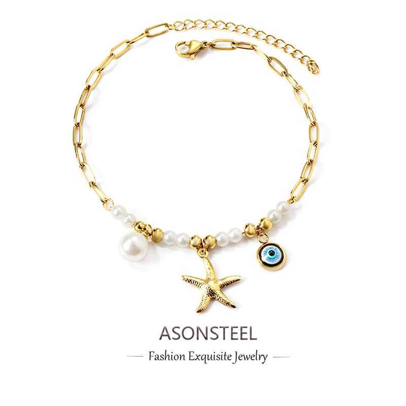 ASONSTEEL Delicate Stainless Steel Starfish Accessory Imitation Pearl Anklet Bracelet Waterproof Beach Statement Trendy Jewelry W250604