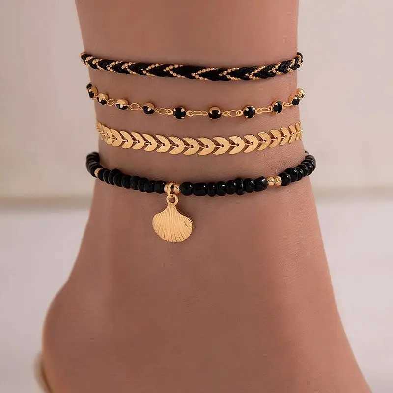 4pc/set Bohemian Rice Beads Starfish Shell Pendant Anklet for Women Trendy Summer Beach Multilayer Anklet Foot Sandals Jewelry W250604