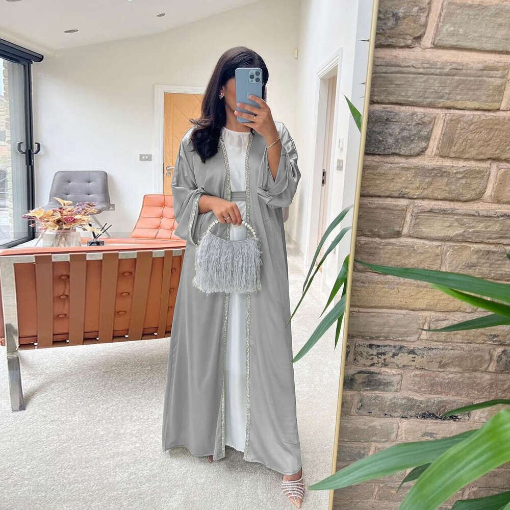 Mq058modest Rhinestone Long Dress Modern Fashion Satin Soft Outer Waist-Cinching Robe White Inner Abaya B5