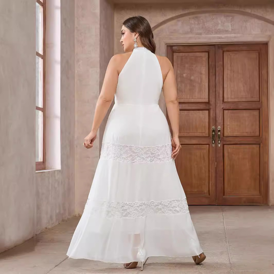 New plus size dress for womens sleeveless chiffon lace round neck solid color wedding banquet dress