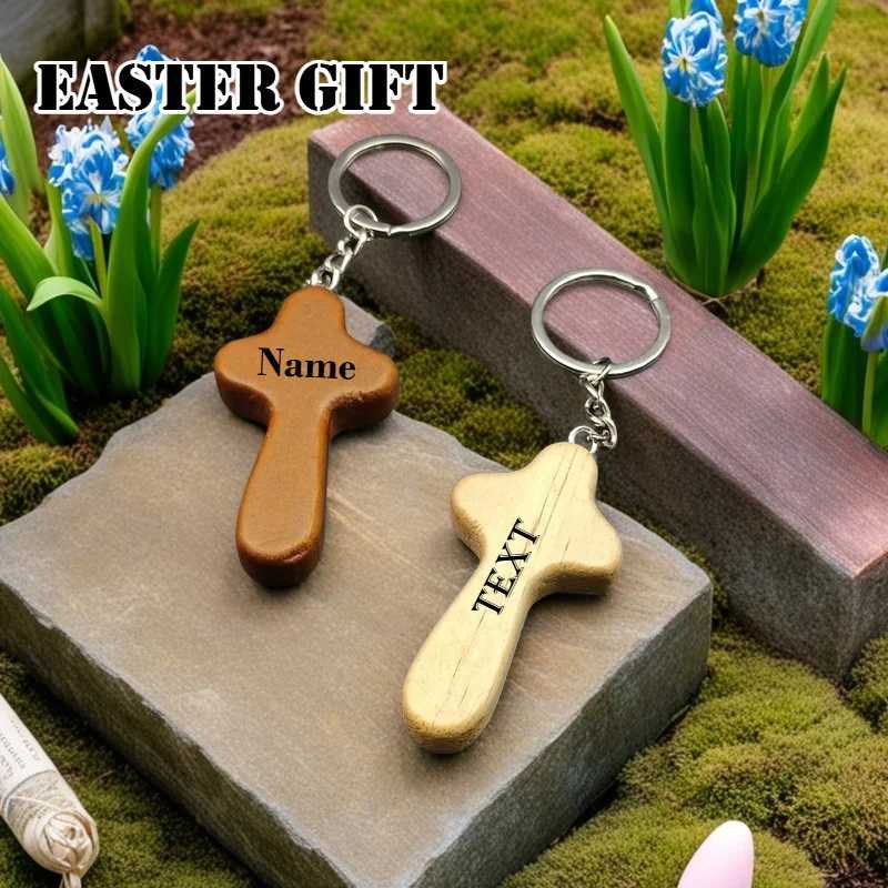 Personalized Wooden Cross Keychain Custom Pendant for Men Women Easter Gift Car Bag Key Ring Easter-themed Decoration W250604